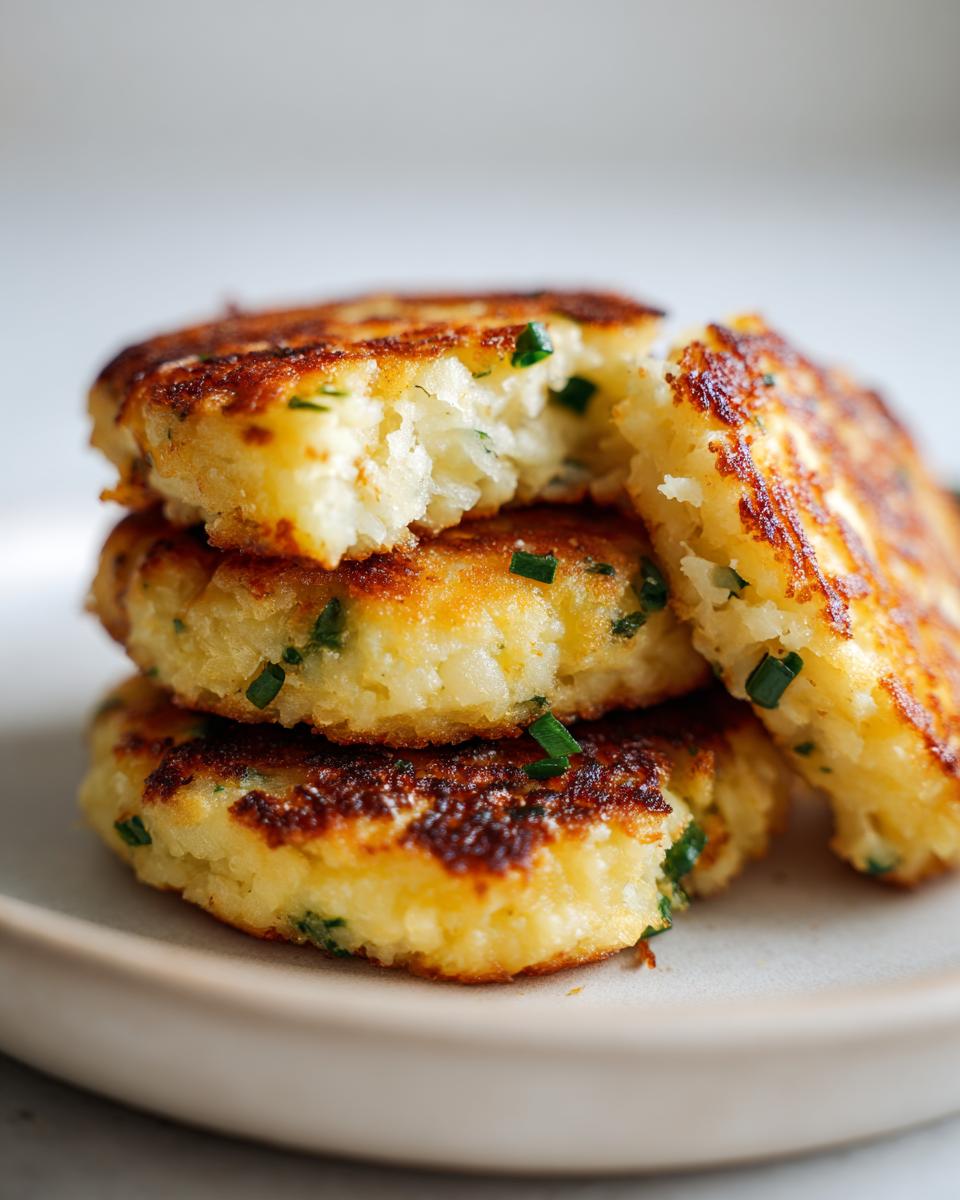A stack of three golden-brown, fluffy mashed potato cakes, one broken open to show the texture, speckled with green chives.