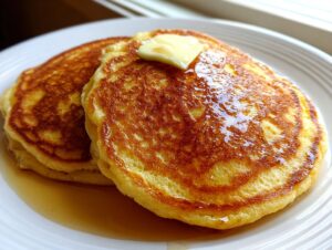 Close-up of two golden brown fluffy pancakes stacked, topped with melting butter and drizzled with syrup.