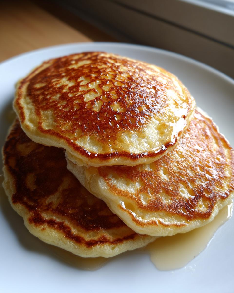 Close-up of three golden brown fluffy pancakes stacked on a white plate, glistening with syrup.