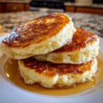 A close-up of three fluffy sourdough pancakes stacked high and drizzled generously with golden syrup.