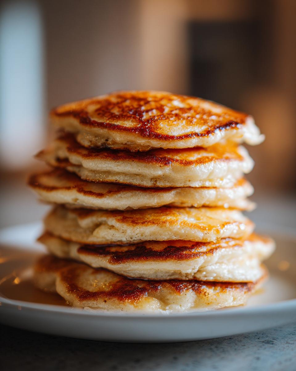 A tall stack of golden brown sourdough pancakes drizzled with syrup on a white plate.