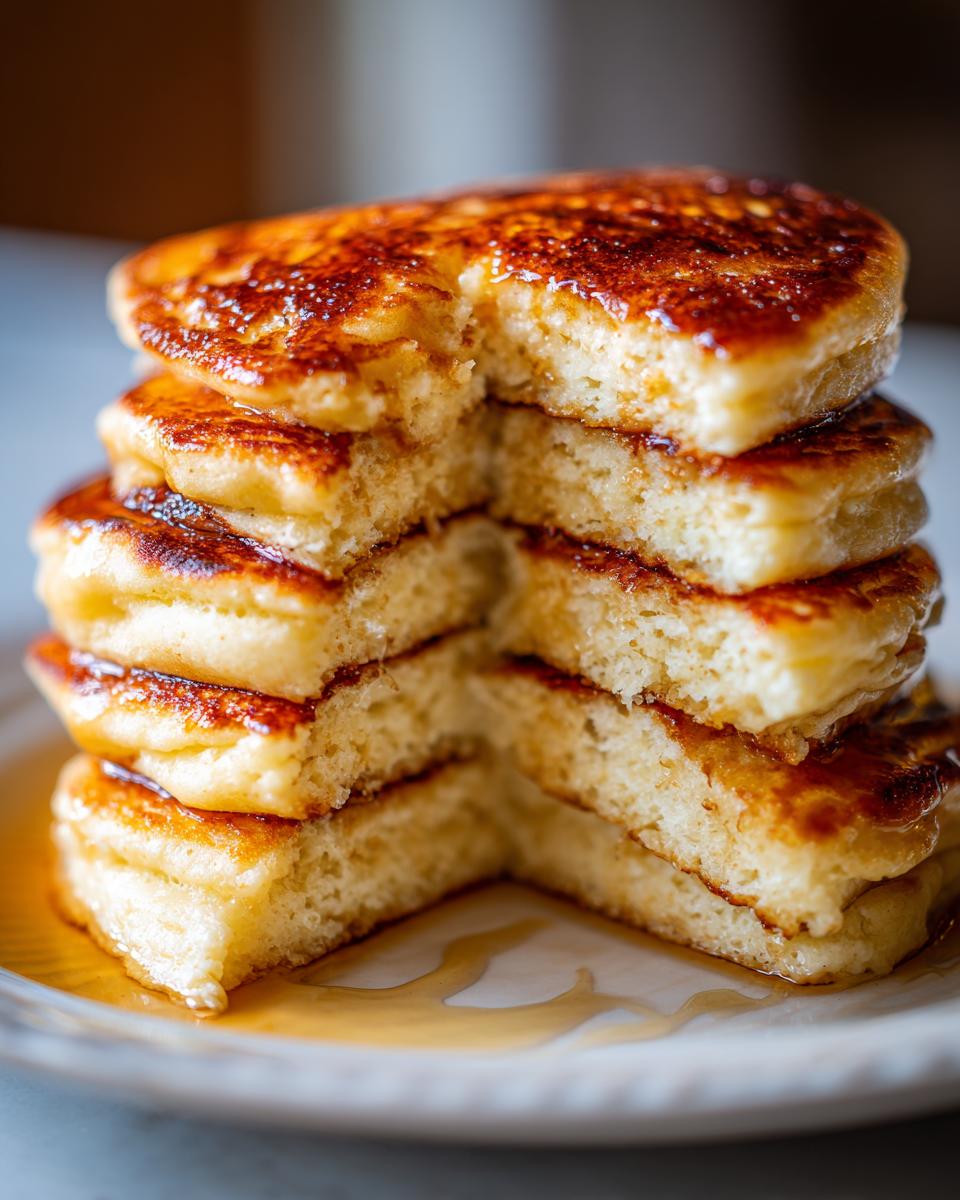 Close-up of a tall stack of fluffy sourdough pancakes with a piece cut out, showing the airy interior and golden syrup.