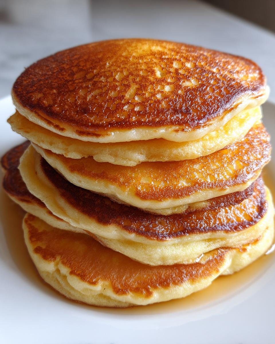 Close-up of a tall stack of fluffy sourdough pancakes with perfectly golden brown, bubbly tops resting on a white plate.