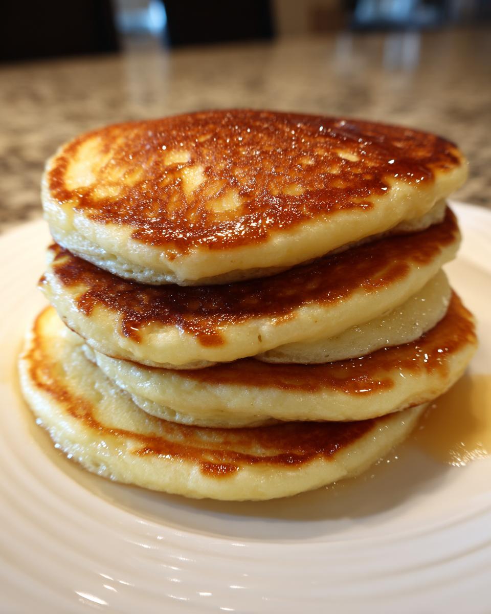 A tall stack of four golden-brown sourdough pancakes drizzled with syrup on a white plate.