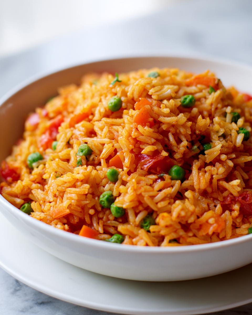 Close-up of a white bowl filled with fluffy, orange-colored spanish rice mixed with bright green peas and diced tomatoes.