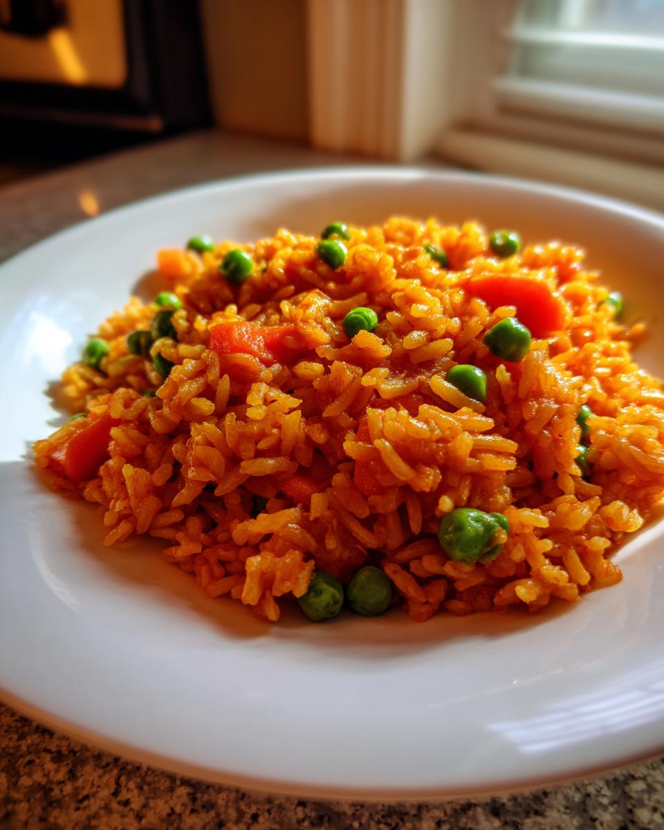 A close-up of fluffy, orange-colored spanish rice mixed with bright green peas and diced carrots served on a white plate.