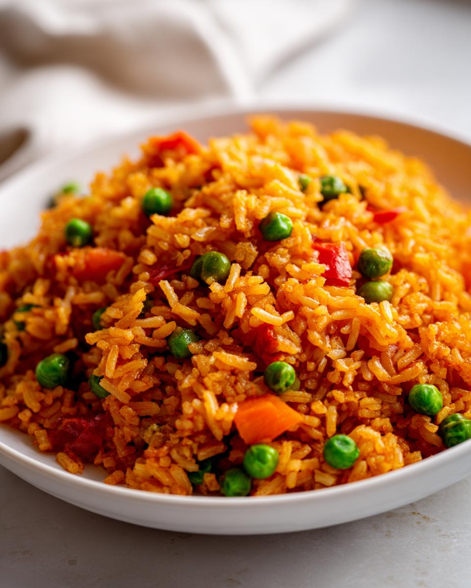 Close-up of a white bowl filled with fluffy, orange-colored spanish rice mixed with bright green peas and diced carrots.