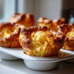 Close-up of a golden brown, puffy yorkshire pudding sitting in a white baking tray, showing its airy interior.