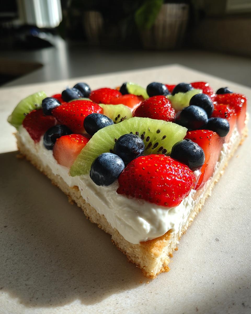 A close-up slice of a fruit pizza sugar cookie featuring a thick layer of cream cheese frosting topped with fresh strawberries, blueberries, and kiwi slices.