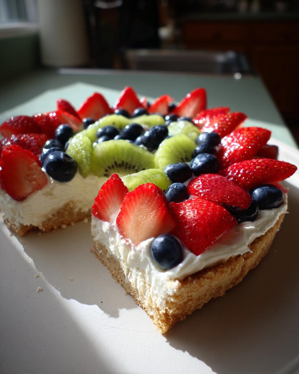 A close-up slice of fruit pizza sugar cookie topped with cream cheese frosting, strawberries, blueberries, and kiwi.