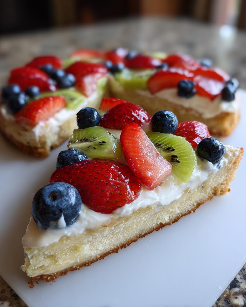A close-up slice of fruit pizza sugar cookie topped with cream cheese frosting, strawberries, blueberries, and kiwi slices.