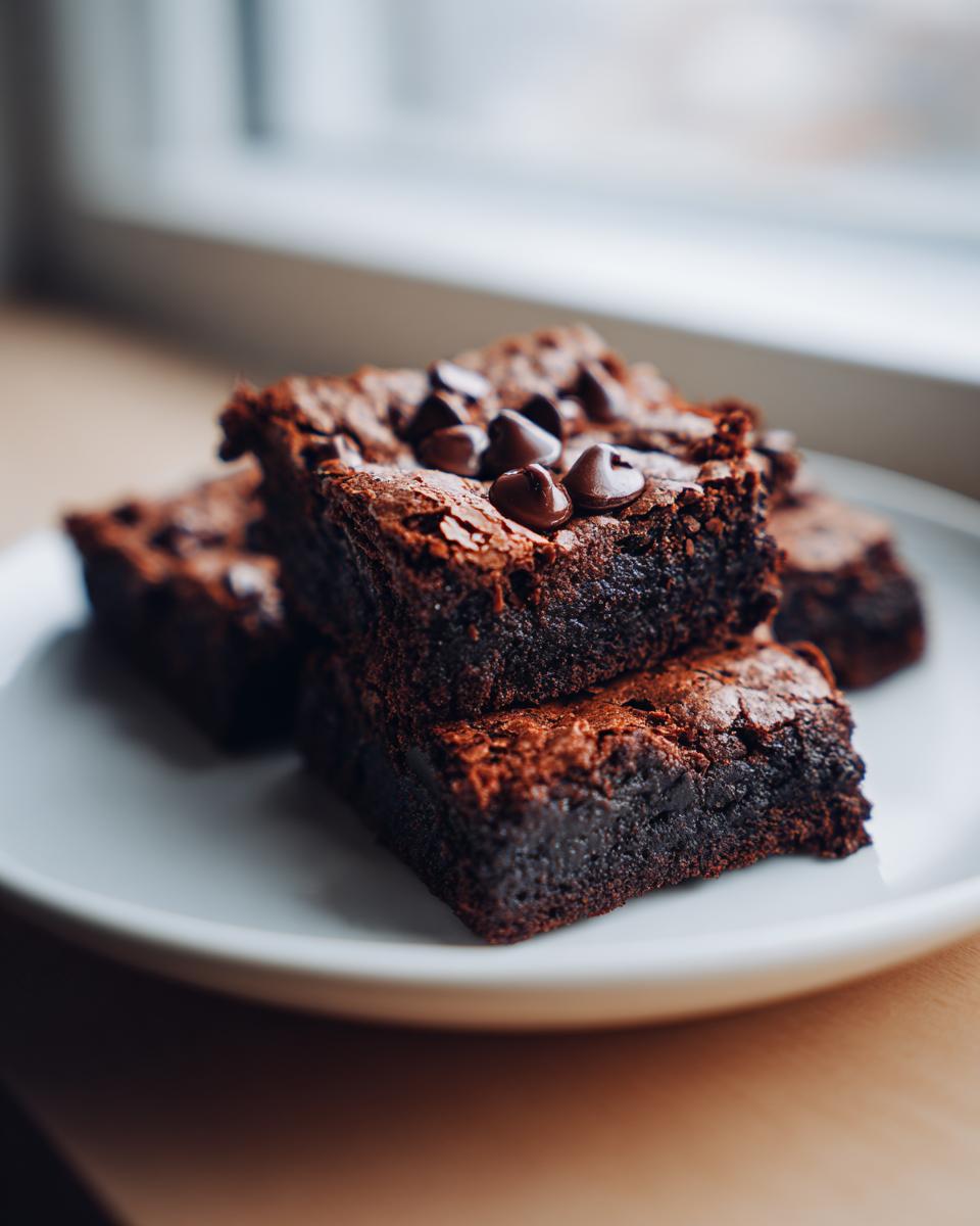 Close-up of fudgy date brownies stacked on a white plate, topped with chocolate chips.