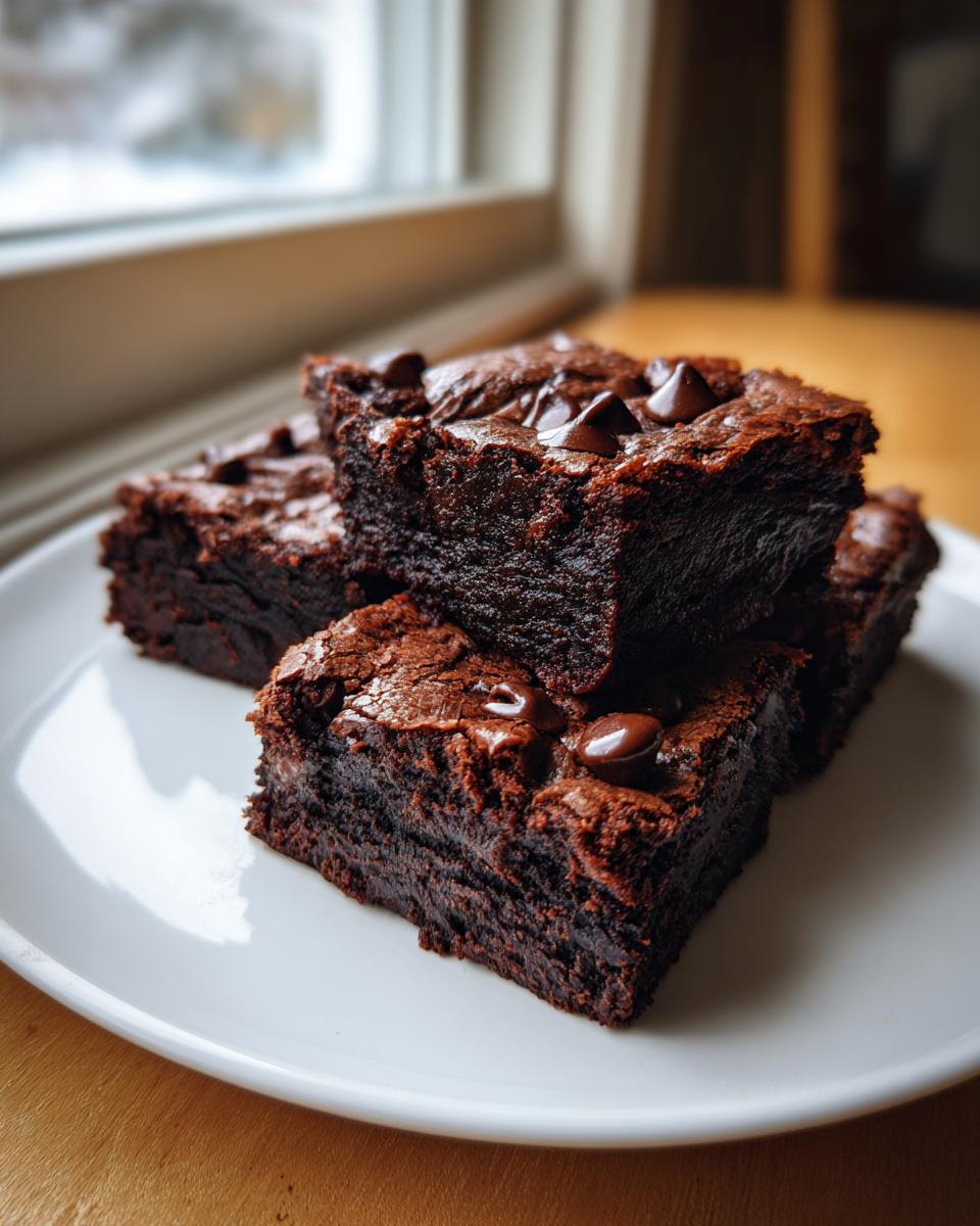 A stack of four fudgy date brownies topped with melted chocolate chips on a white plate.