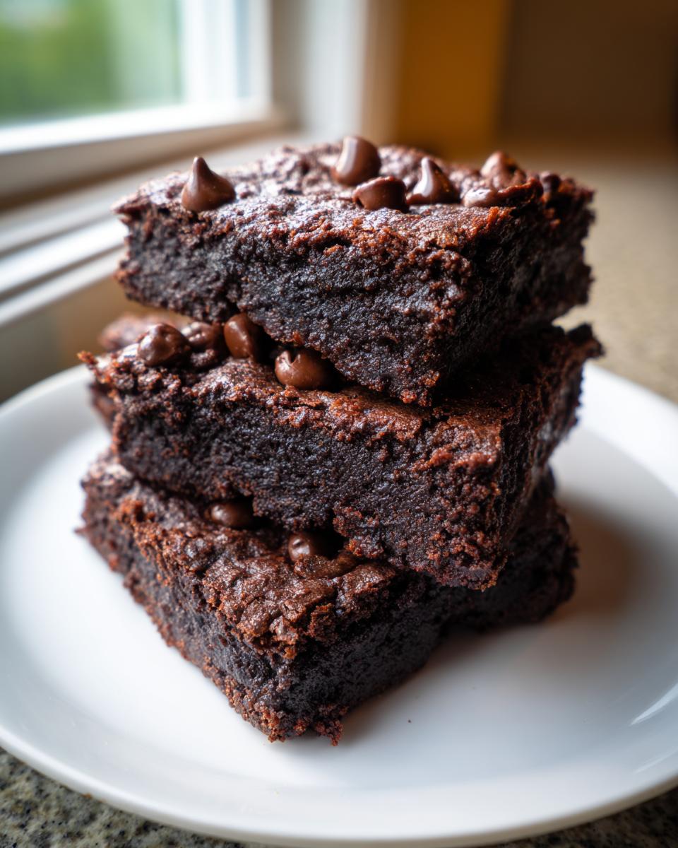 Three fudgy date brownies stacked on a white plate, topped with chocolate chips, photographed near a window.