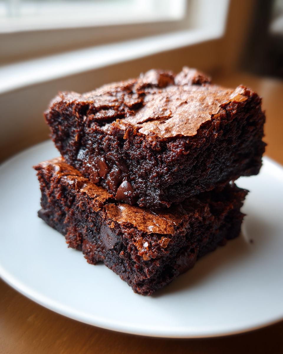 Two fudgy date brownies stacked on a white plate, showing a shiny, cracked top and melted chocolate chips.