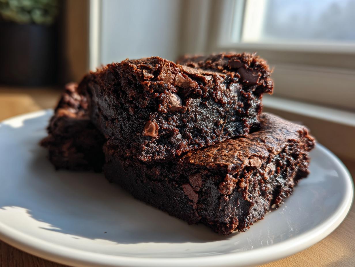 Close-up of three fudgy date brownies stacked on a white plate, showing rich chocolate texture and melted chips.