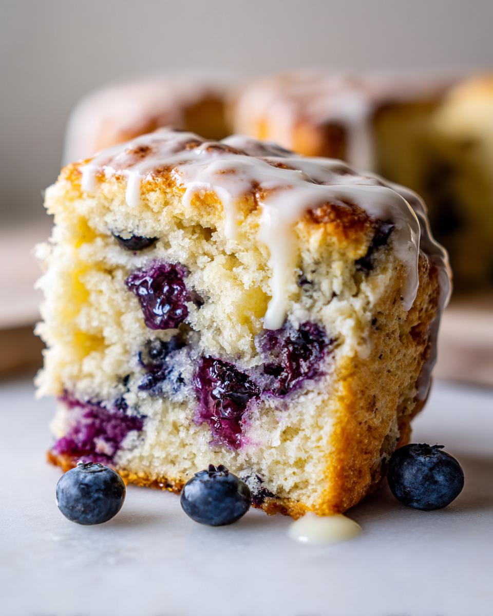 A close-up shot of a moist slice of blueberry scones topped with a thick white glaze, featuring visible blueberries inside.