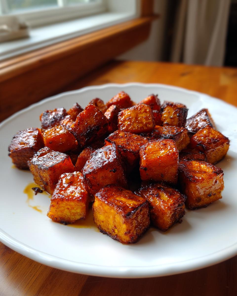 A close-up of caramelized, glazed roasted sweet potato cubes piled on a white plate.