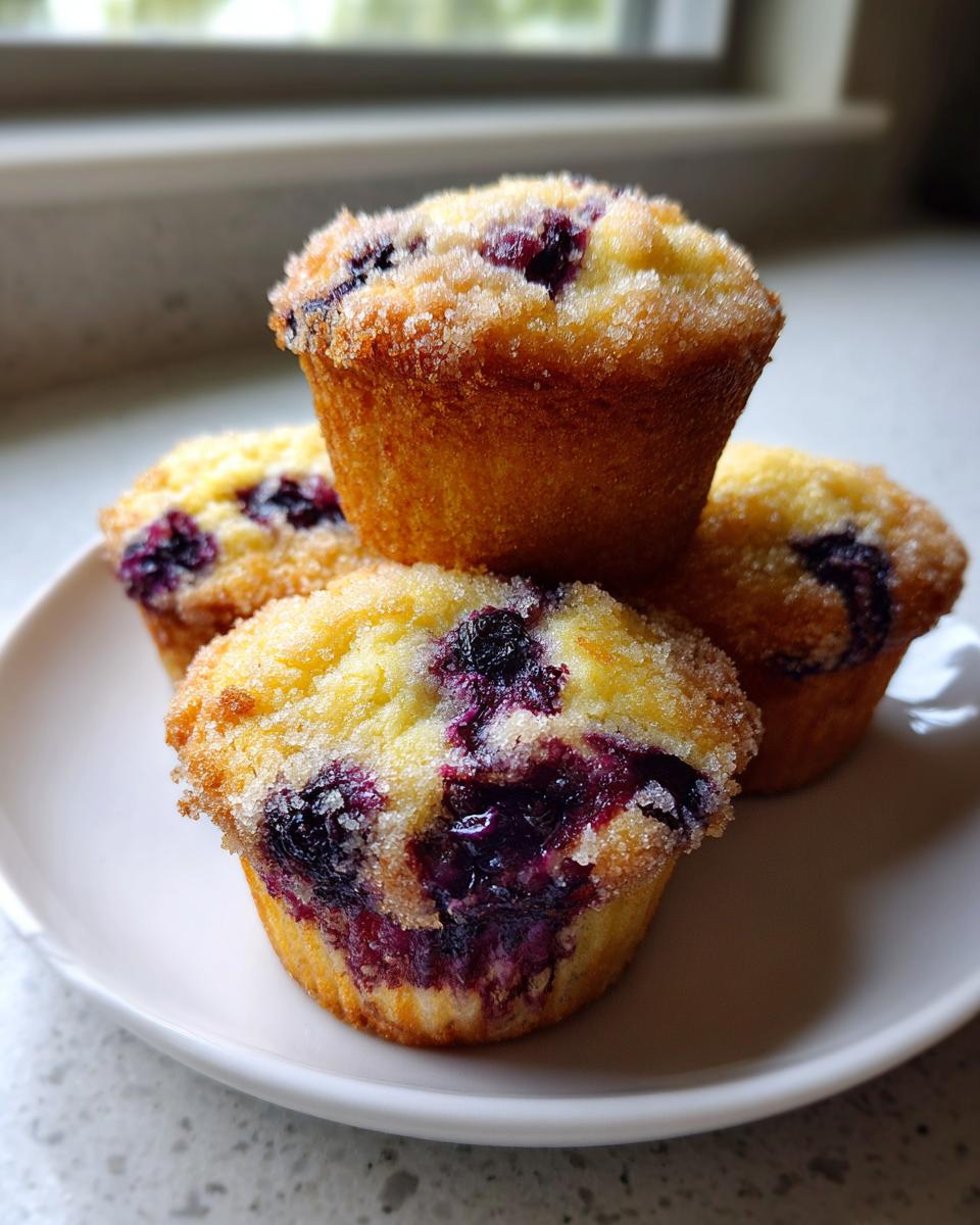 A stack of four golden brown blueberry muffins topped with coarse sugar crystals, showcasing juicy burst blueberries.