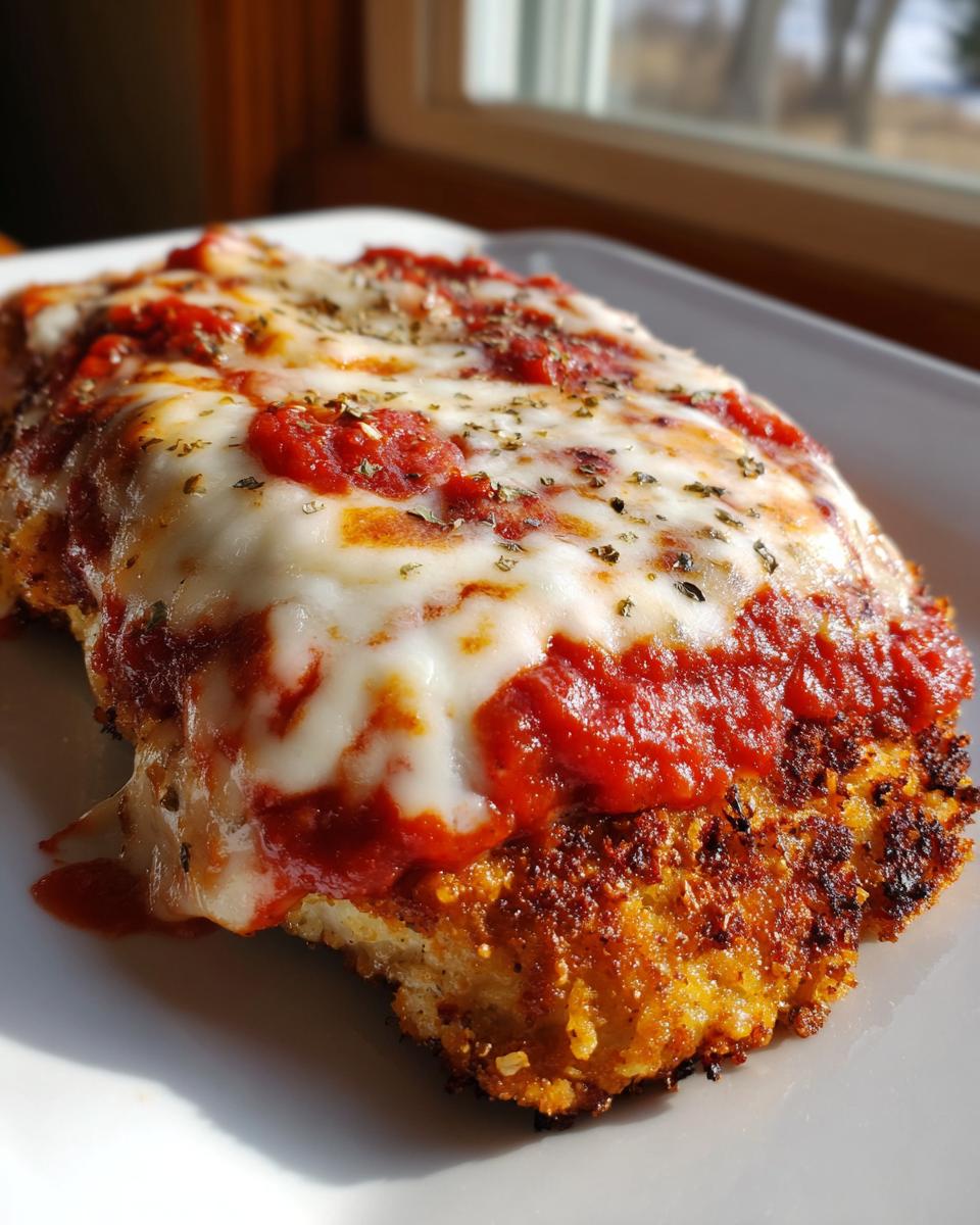 Close-up of a perfectly cooked chicken parmesan recipe, featuring a crispy breaded cutlet topped with bright marinara sauce and melted mozzarella cheese.