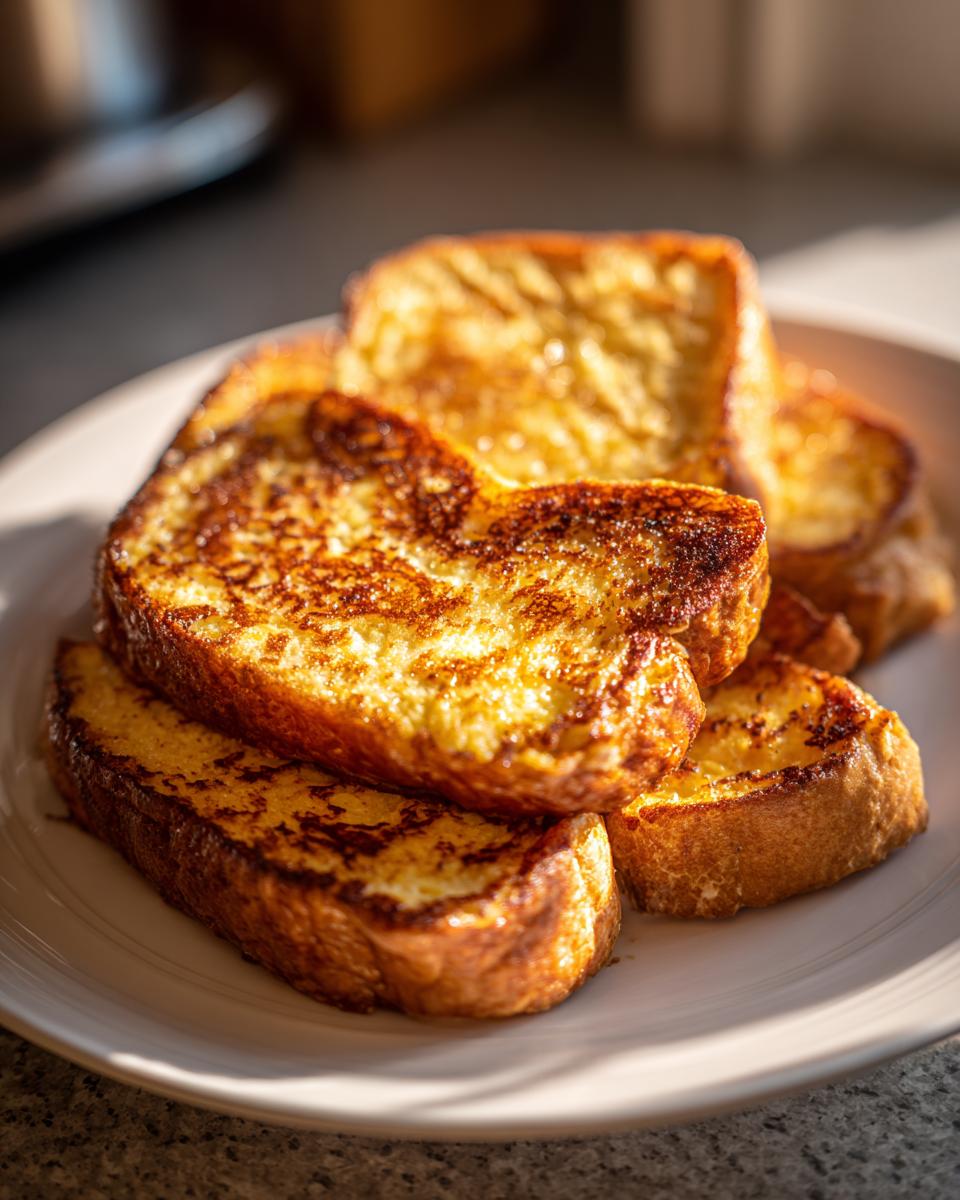 Close-up of several golden brown slices of easy french toast stacked on a white plate, perfectly cooked.