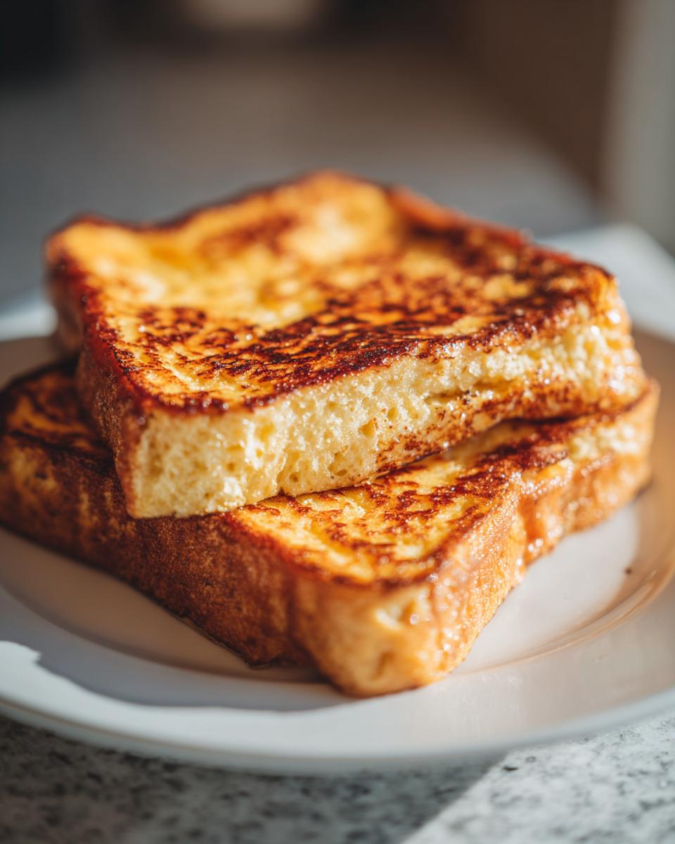 Two thick slices of golden brown easy french toast stacked on a white plate, showing a fluffy interior.