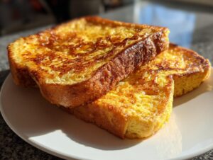 Two golden brown slices of easy french toast stacked slightly on a white plate, glistening in the sunlight.