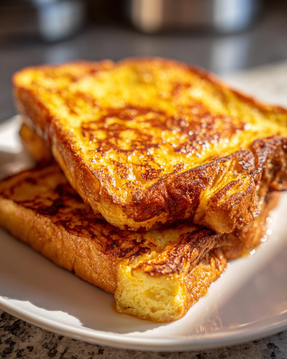 Close-up of two golden brown slices of easy french toast stacked on a white plate, glistening in the sun.
