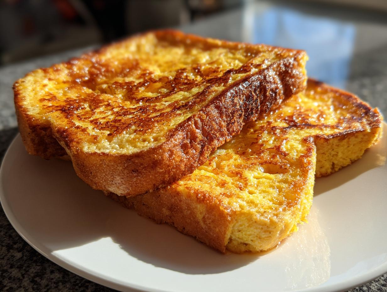Two golden brown slices of easy french toast stacked slightly on a white plate, glistening in the sunlight.