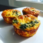 Three golden brown Egg Muffin Cups featuring visible spinach baked into the top, resting on a white plate.