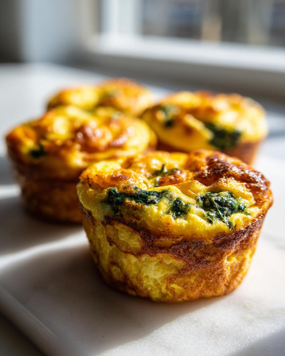 Close-up of freshly baked Egg Muffin Cups with visible spinach pieces, sitting on a white surface.