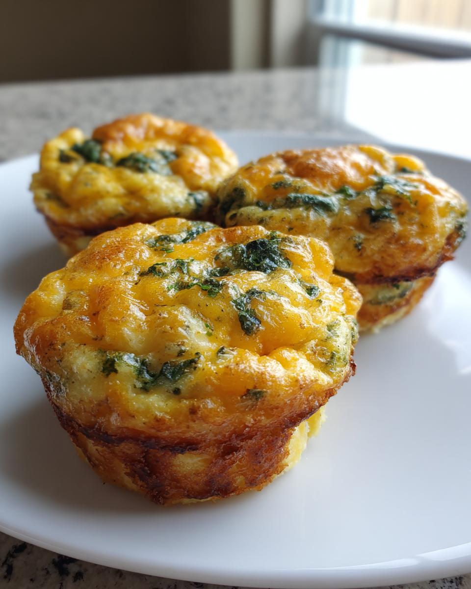 Three freshly baked Egg Muffin Cups, golden brown with melted cheese and visible green spinach pieces, sitting on a white plate.