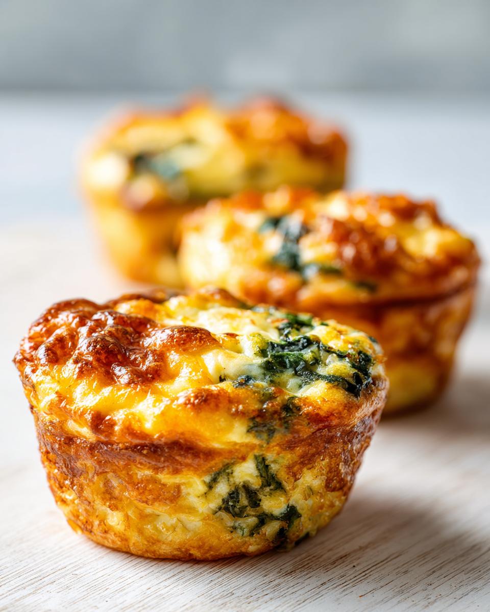 Close-up of freshly baked, golden brown Egg Muffin Cups containing visible spinach pieces.