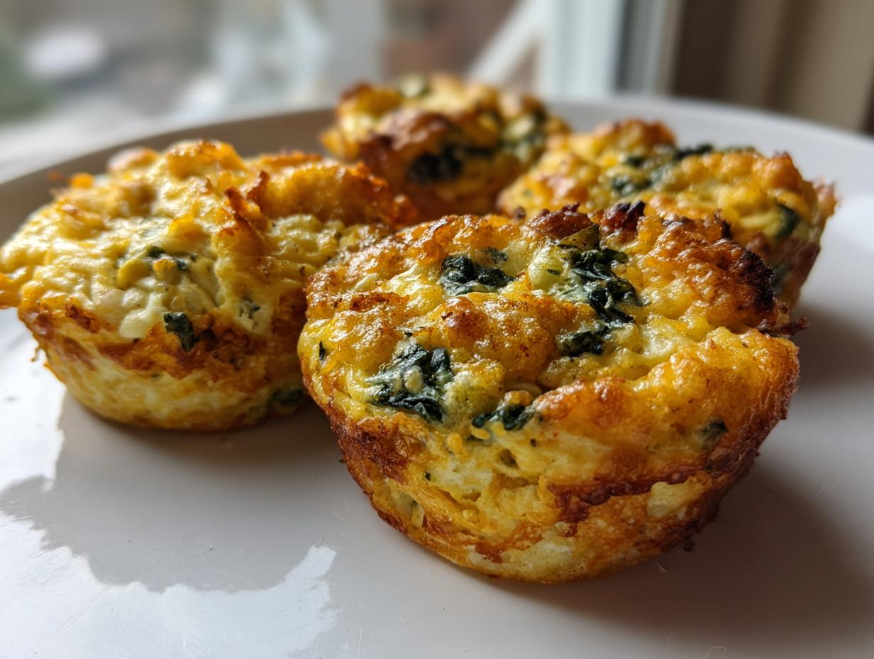 Close-up of four golden brown Egg Muffin Cups speckled with green spinach, served on a white plate.