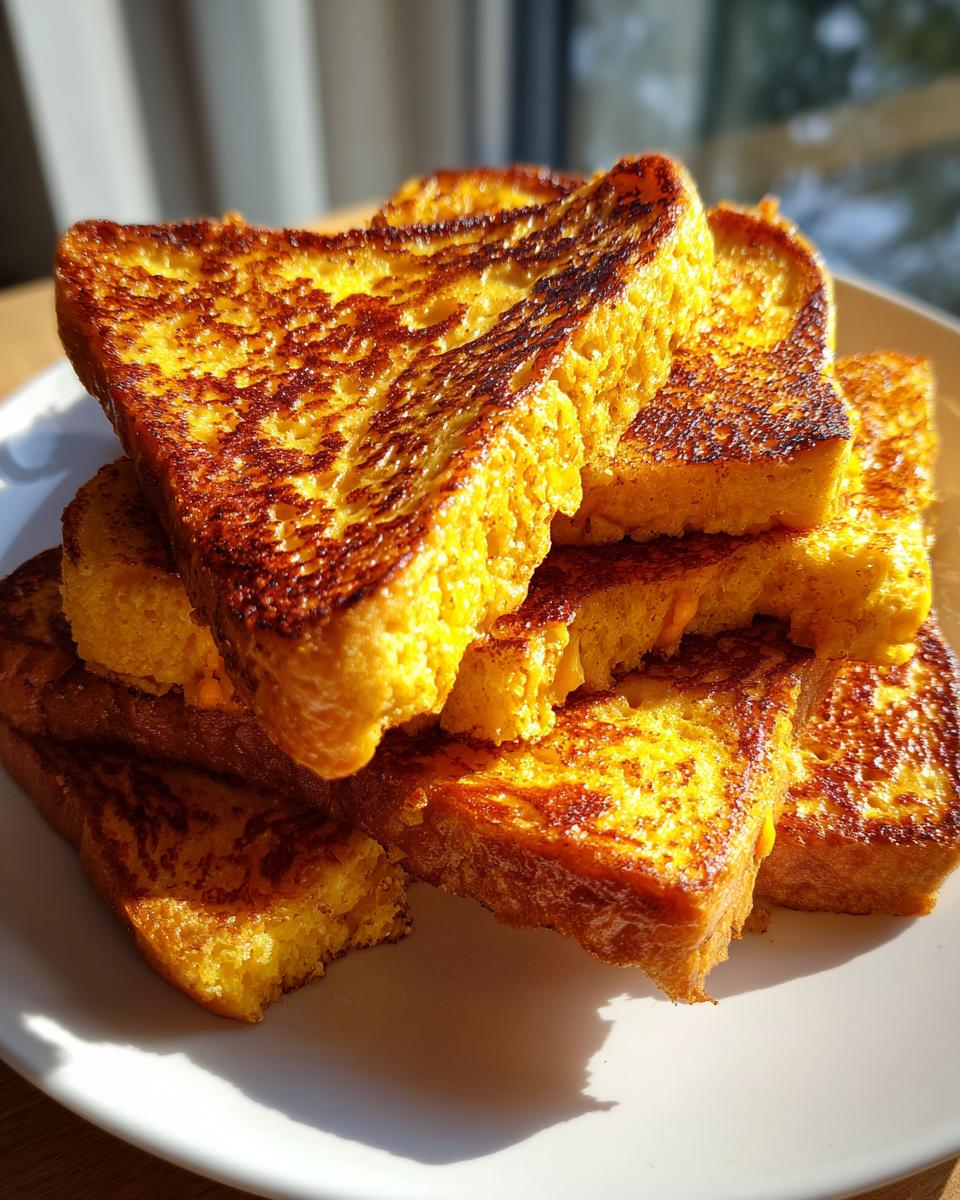 A tall stack of golden brown, perfectly cooked french toast slices piled high on a white plate.