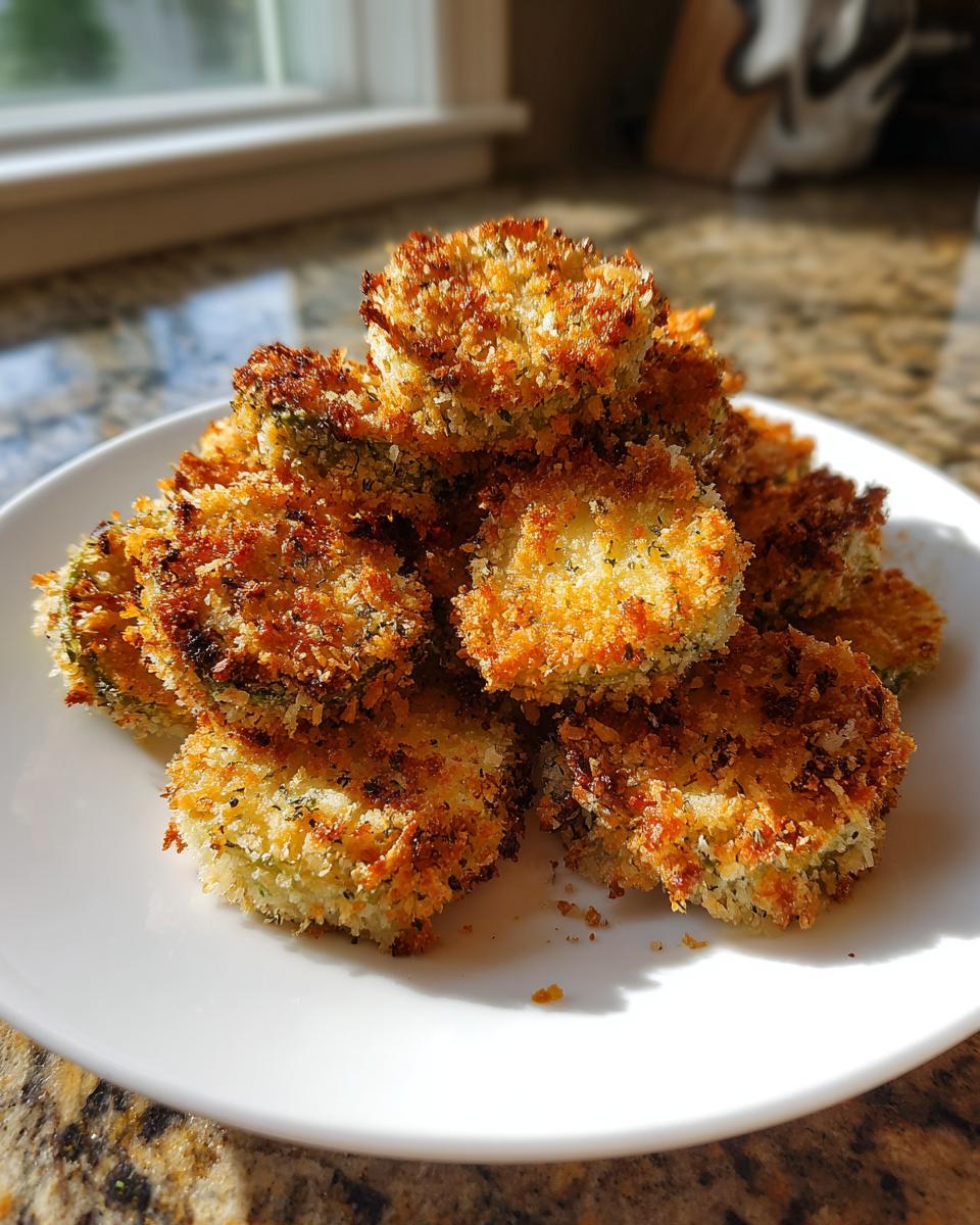 A pile of crispy, golden brown Fried Pickles stacked high on a white plate, ready to eat.
