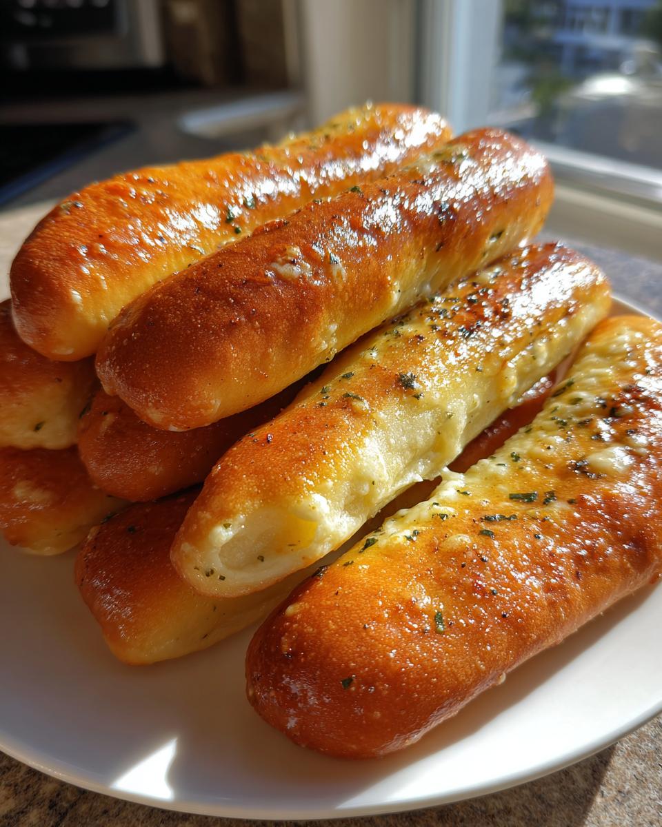 A stack of golden brown, glistening garlic butter breadsticks seasoned with herbs on a white plate.