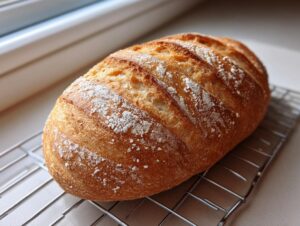A freshly baked, golden brown loaf of italian bread with a dusted flour crust resting on a metal cooling rack.