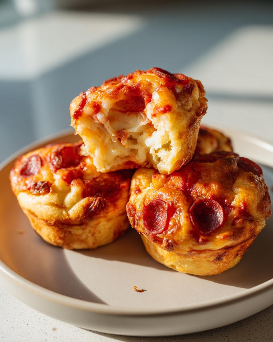 A stack of three golden-brown pizza muffins topped with pepperoni, with the top one broken open to show melted cheese inside.