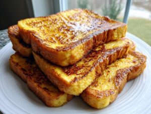 A tall stack of thick, golden-brown french toast slices glistening with syrup on a white plate.