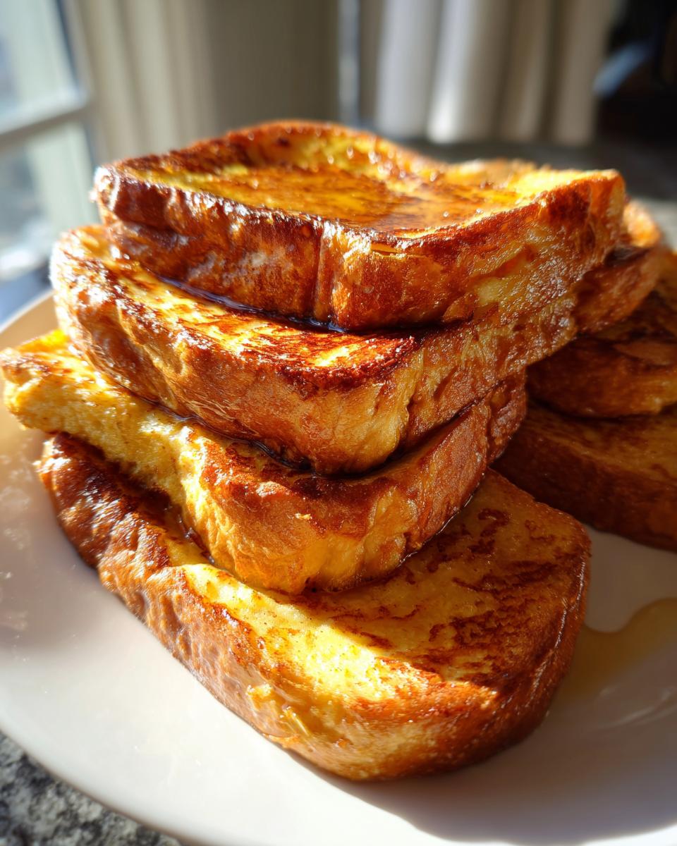 A tall stack of perfectly golden brown french toast slices drizzled with syrup, ready to eat.