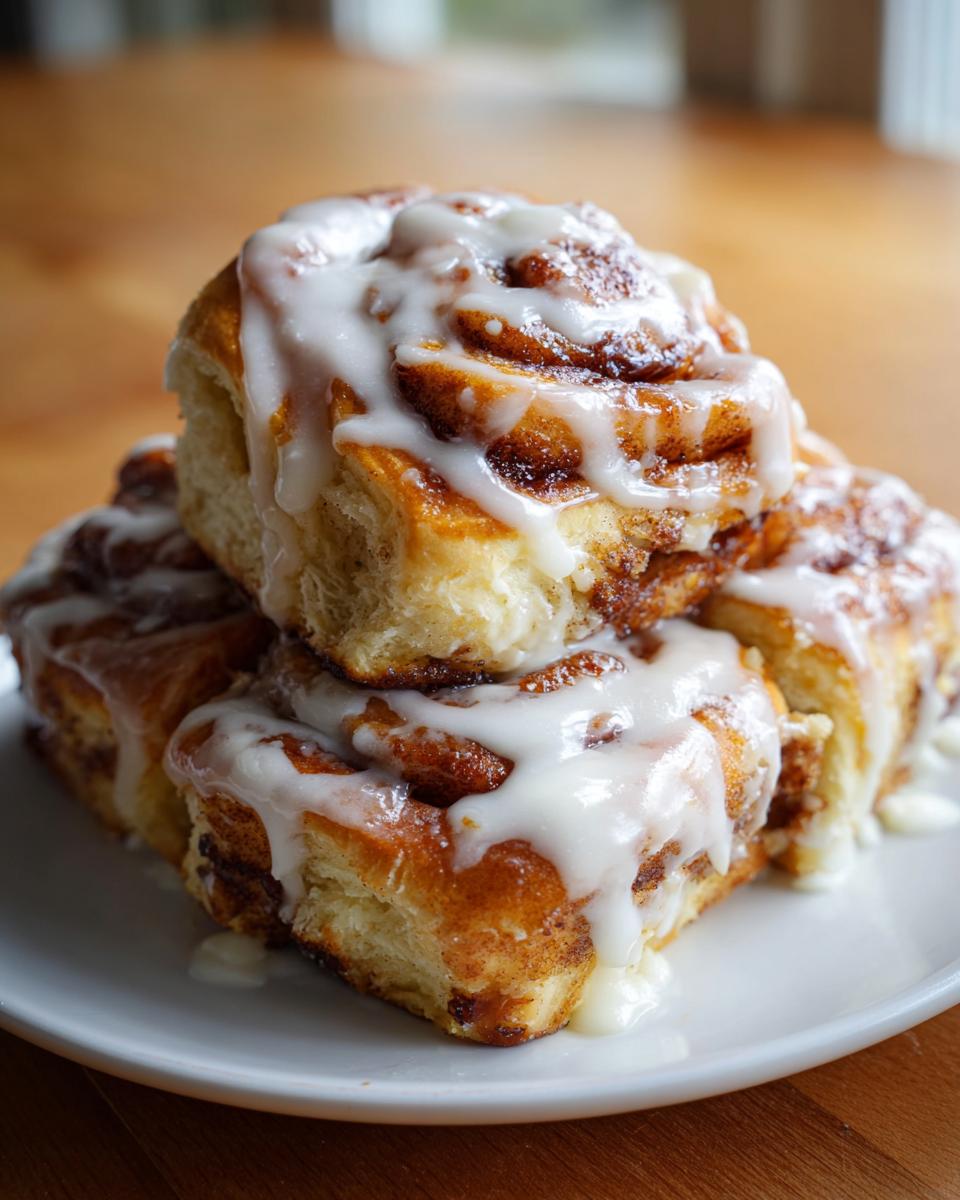 A stack of three freshly baked cinnamon roll pastries generously topped with dripping white icing.