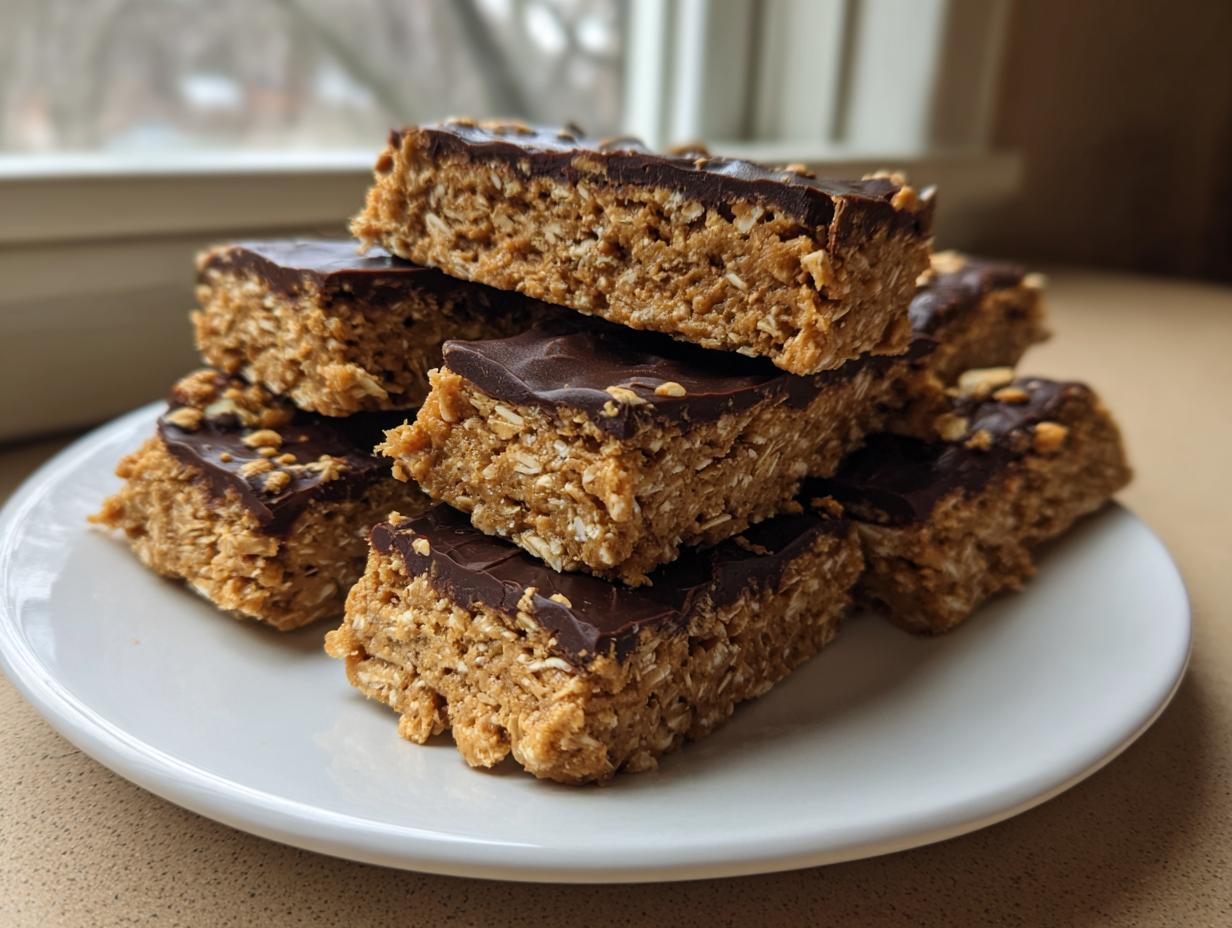 A stack of homemade protein bars made with oats and topped with a layer of melted chocolate and chopped nuts.