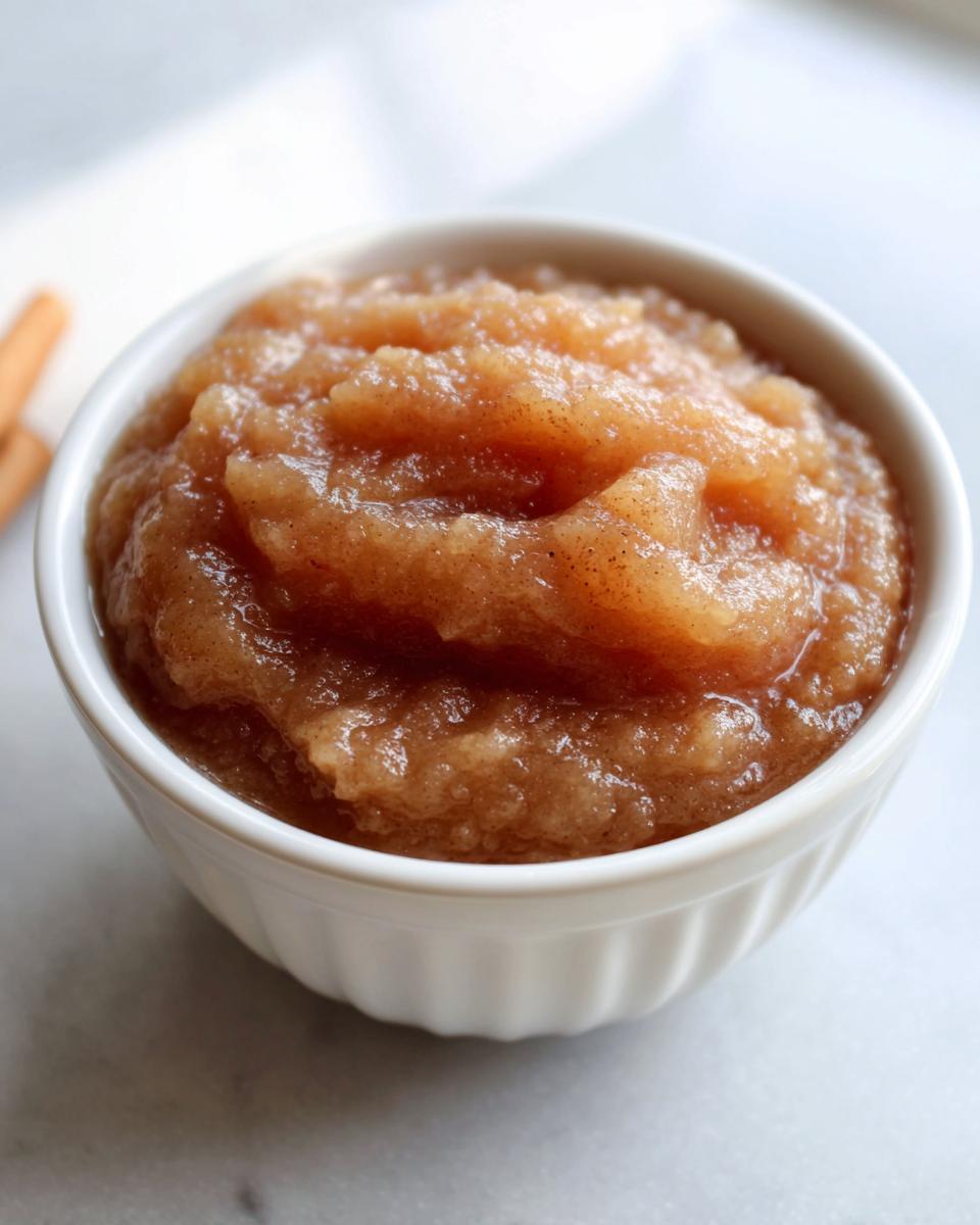 Close-up of chunky, spiced homemade applesauce served in a small white bowl.