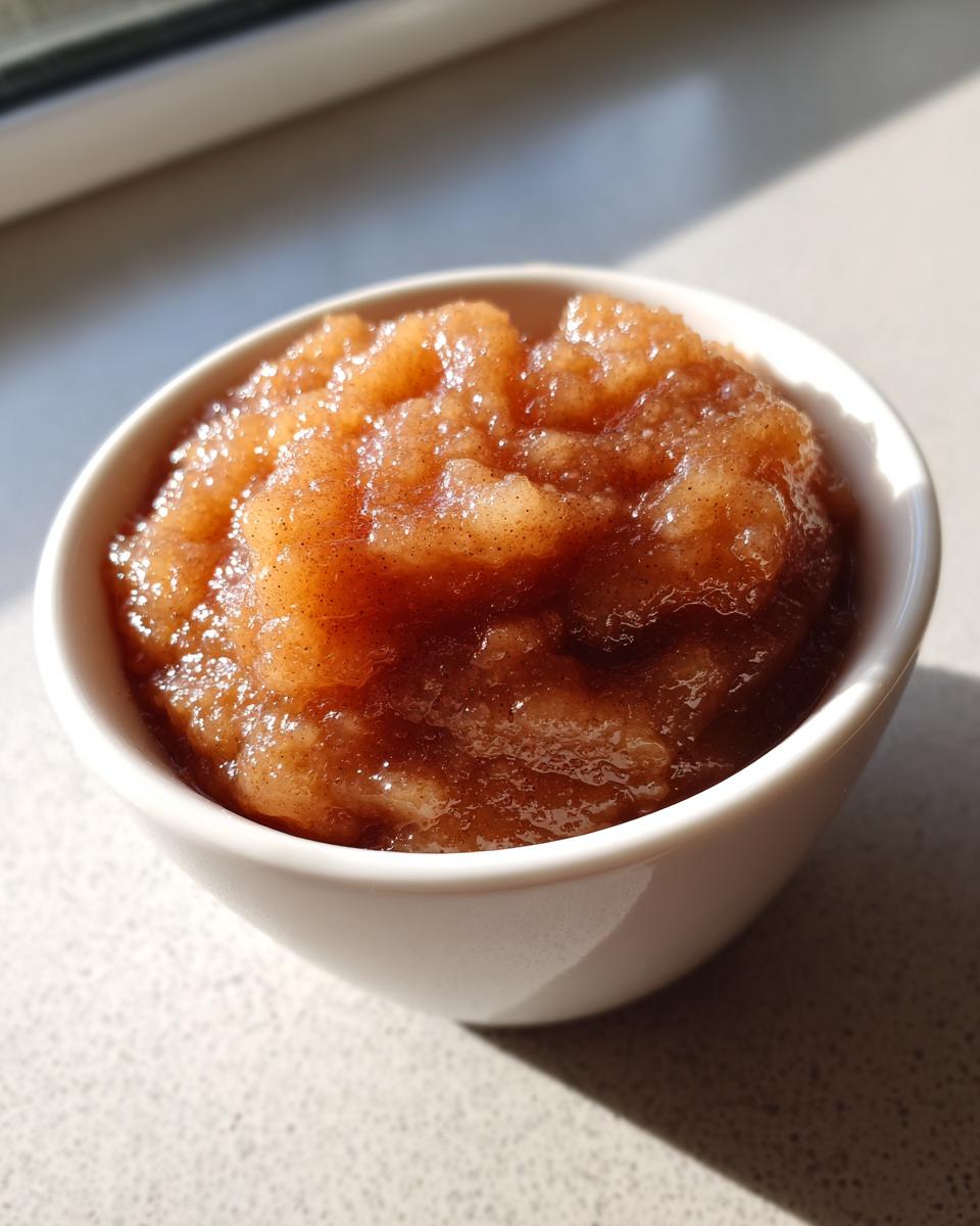 A close-up shot of chunky, spiced homemade applesauce served in a small white bowl, glistening in the sunlight.