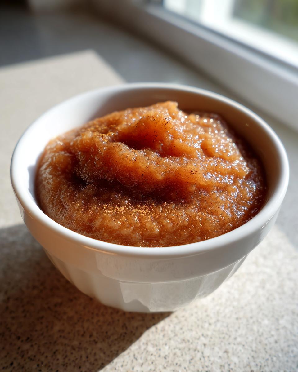 Close-up of rich, brown homemade applesauce sprinkled with cinnamon in a small white bowl.