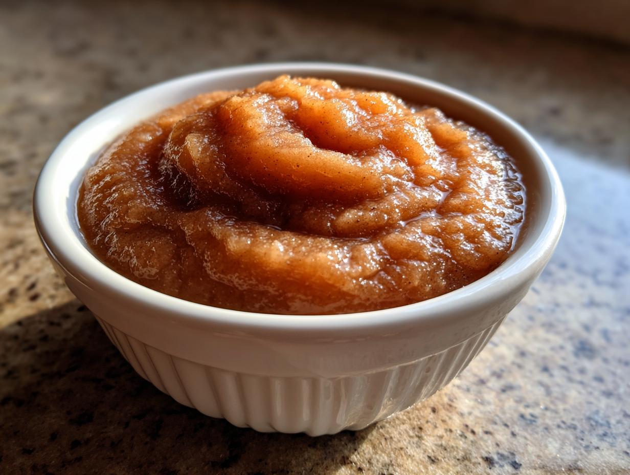 Close-up of rich, brown homemade applesauce served in a small white fluted bowl.