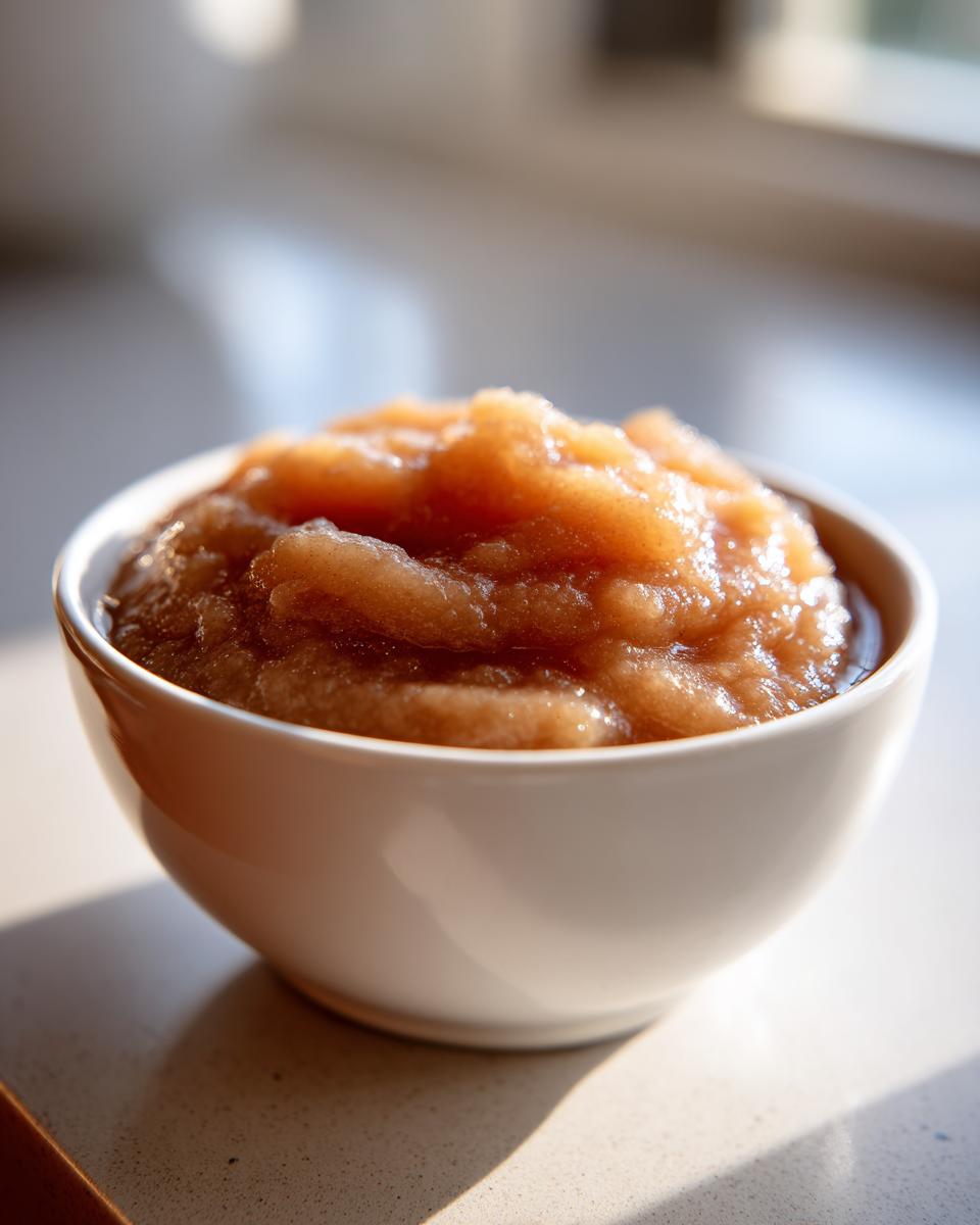 Close-up of chunky, homemade applesauce served in a white bowl, highlighted by natural sunlight.