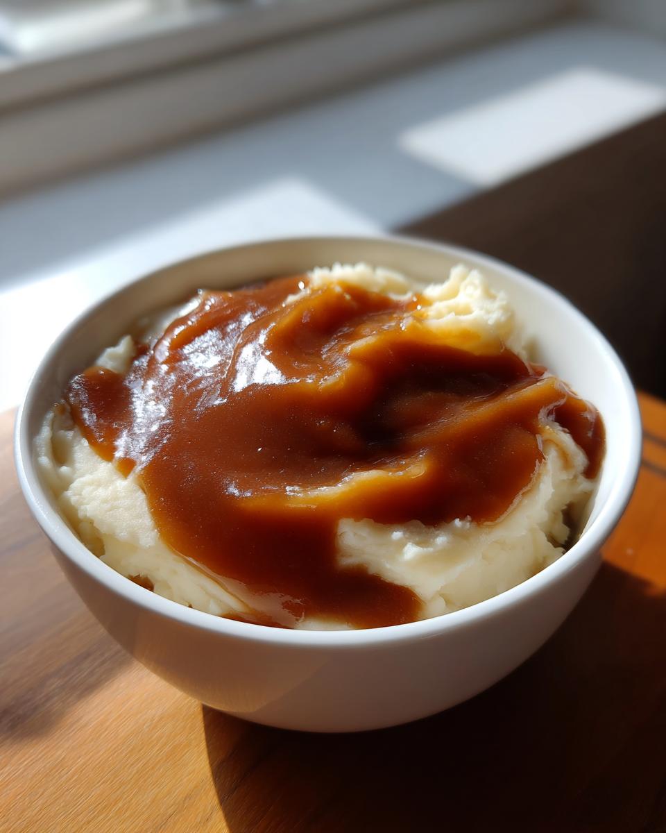 A white bowl filled with fluffy mashed potatoes topped generously with rich, glossy homemade brown gravy.