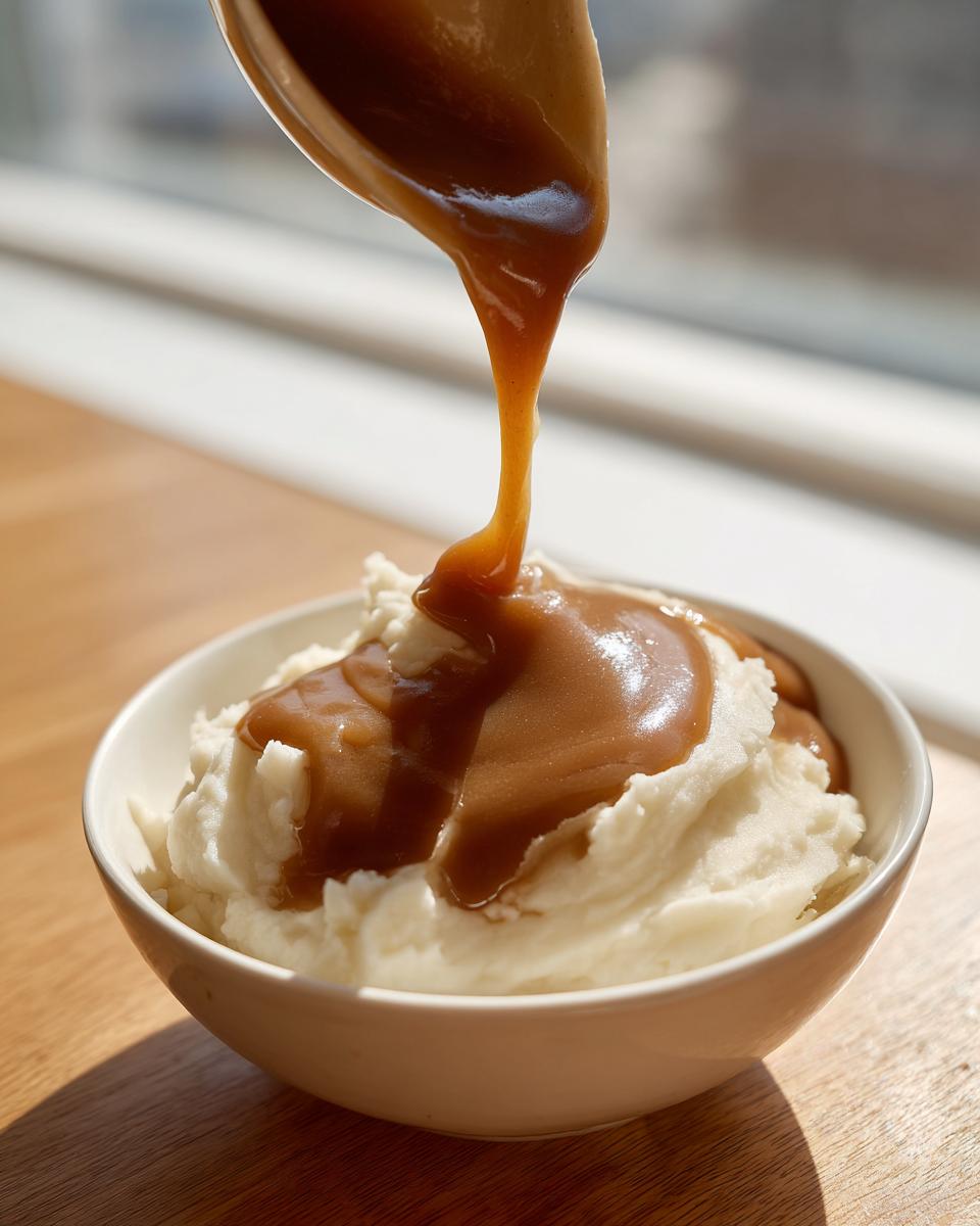 A spoonful of rich homemade brown gravy being poured over a bowl of fluffy mashed potatoes.